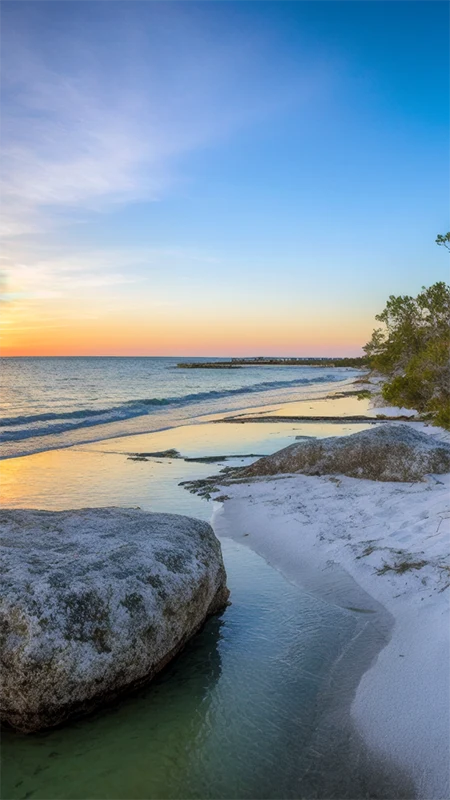 Large stone on beach during sunrise | Pensacola Beach | White Sands Cooling & Heating