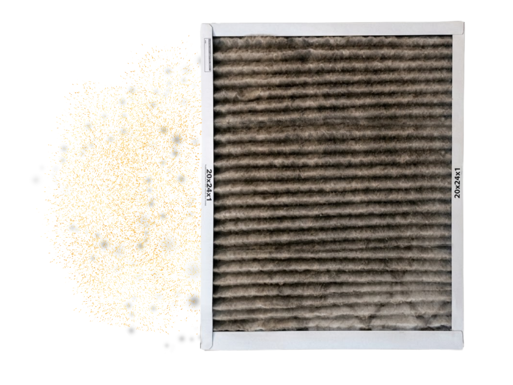 Untitled design 1 | White Sands Cooling and Heating Dirty Hvac filter mockup with spring pollen in a Pensacola home